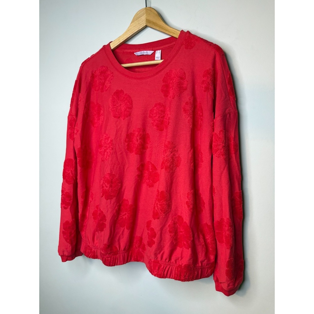 AnyBody Crew Neck Hibiscus Jaguard French Terry Top Hibiscus Medium #42E